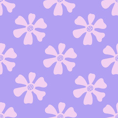 Fototapeta premium Lilac groovy flowers seamless pattern. Kawaii y2k floral background with hand drawn blossoms and liquid petals. Cute romantic repeat vector illustration for greeting card, fabric, cover, textile