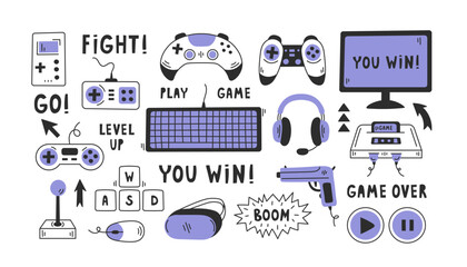 Video games doodle elements set. Hand drawn gaming items, controller, console, computer, joystick collection. Funky vector illustration. Black line art with purple color © Marina