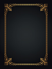Decorative gold frame. Retro ornamental frame, vintage rectangle ornament, and ornate border. Decorative wedding frame, antique museum image border. Isolated vector icon