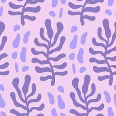 Fototapeta na wymiar Purple botanical groovy seamless pattern. Modern hand drawn background with liquid fern leaf and dots. Abstract wavy repeat vector illustration. Kawaii plants for fabric, textile, greeting card
