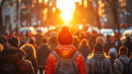 Back view of a person in an orange jacket and beanie walking amidst a busy urban street crowd at sunset. - obrazy, fototapety, plakaty