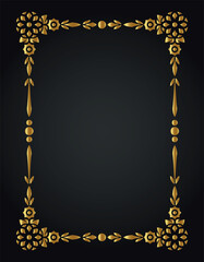 Decorative gold frame. Retro ornamental frame, vintage rectangle ornament, and ornate border. Decorative wedding frame, antique museum image border. Isolated vector icon