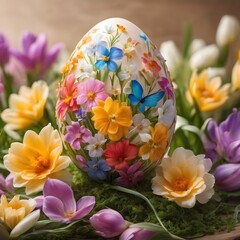 Obraz na płótnie Canvas Delicate blooms adorn a vibrant easter egg, capturing the essence of spring in a stunning greeting card design