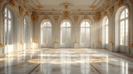 Living room interior with empty space, marble floor and windows. Created with Ai