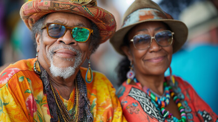 Black middle aged couple in happy colorful attire attending a jazz festival.
