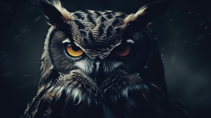 Close-up of an owl or owl with a stern look on a black background. Monochrome style. Illustration for cover, card, postcard, interior design, decor or print.