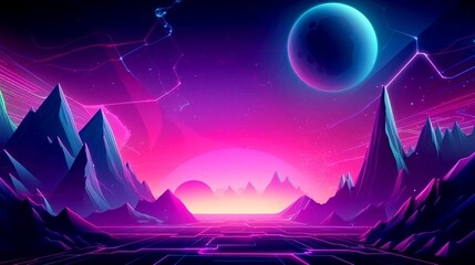 Retro background with checkered earth and purple mountains with colorful sunset and dark blue planet on dark pink sky. Background for video or song cover. - obrazy, fototapety, plakaty