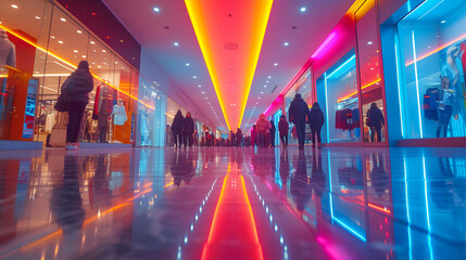 Shopping mall - retail store - low angle shot - neon lights - bakeh effect 