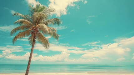 Fototapeta na wymiar Palm tree on tropical beach with blue sky and white clouds abstract background. Copy space of summer vacation and business travel concept. Vintage tone filter effect color style.