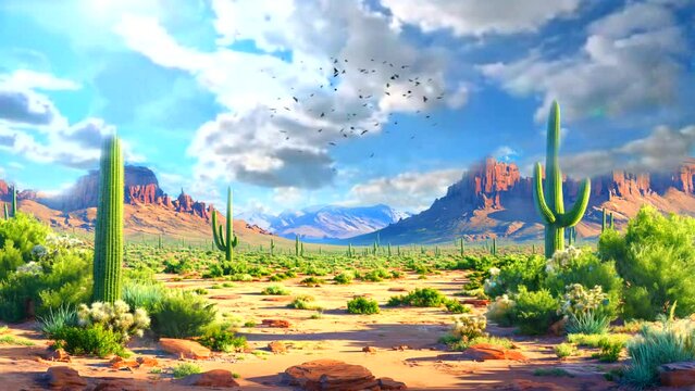 desert landscape with cactus plants. Seamless looping 4k time-lapse virtual video animation 