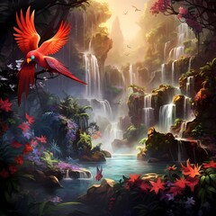 A lush tropical paradise, complete with crystal-clear waterfalls, exotic flowers, and colorful birds in flight