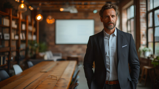 CEO Standing In The Board Room - Confident And Polished And Serious - Business Executive - Leadership - Conference Room - Important Meeting