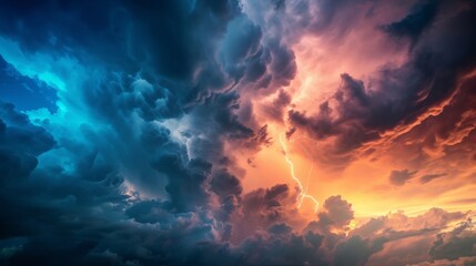 Panorama Dark cloud at evening sky with thunder bolt. Heavy storm bringing thunder, lightnings and rain in summer. thunderbolt background.