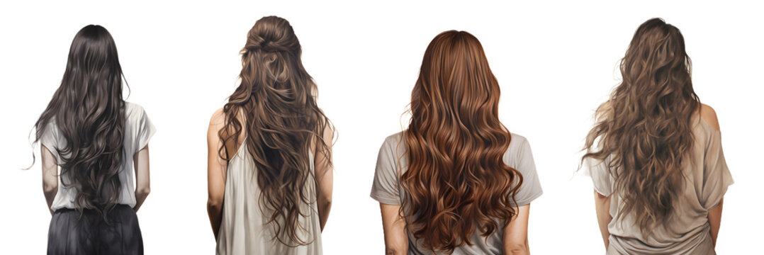 Long hair woman back view isolated on a transparent PNG background, white background , Generative Ai