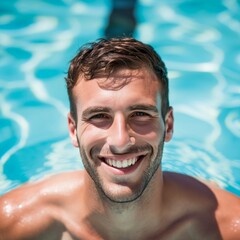 Swimming pool, smile and portrait of sports man relax after exercise, outdoor workout or practice. Activity, wellness and face of swimmer happy after water polo competition, fitness or summer