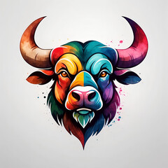 Vivid watercolour painted buffalo logo Isolated on a white background, printing logo, mug & t-shirts