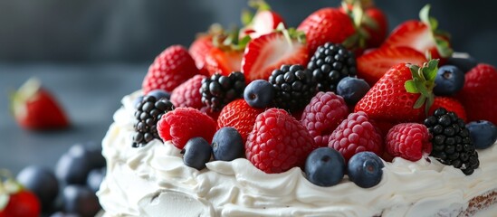 A delicious cake with whipped cream and fresh berries on top, made with natural foods and...