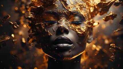 A person with a striking golden facial adornment is depicted mid-explosion of gold leaf fragments