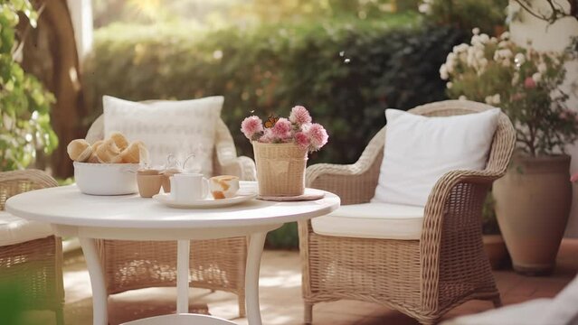 beige color wicker table and settee on a porch. seamless looping overlay 4k virtual video animation background 