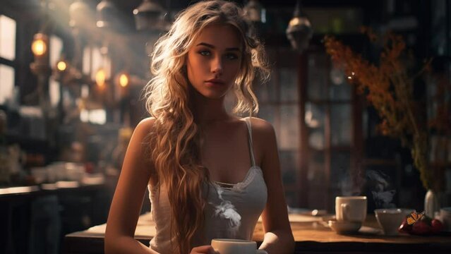 beautiful woman having morning coffee seamless looping overlay 4k virtual video animation background 