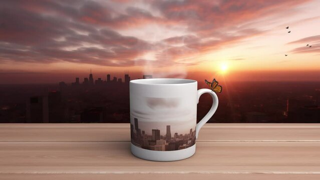 composite image of white coffee mug morning coffee. cup of coffee on sunset background. seamless looping overlay 4k virtual video animation background 