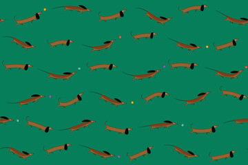 Seamless pattern with a pet on a walk. Puppy on a green background. Dachshund runs after the ball. Brown mascot and colorful balls