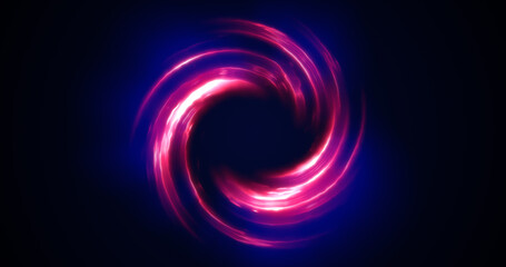 Looped twirl circle of stripes and lines of bright purple beautiful magical energy glowing neon, round frame. Abstract background