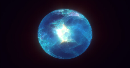 Fototapeta na wymiar Energy abstract blue sphere of glowing liquid plasma, electric magic round energy ball background