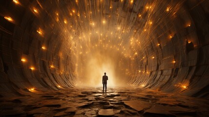 A lone figure stands in a vast circular tunnel illuminated by glowing lights