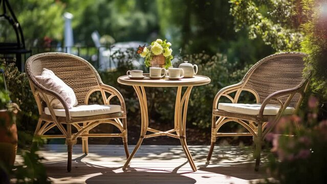 beige color wicker table and settee on a porch. table and chairs in a garden. seamless looping overlay 4k virtual video animation background 