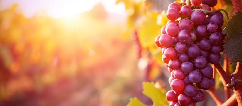 A cluster of seedless grapes, a natural and flowering fruit, hanging from a vine under the sun shining through the lush leaves.