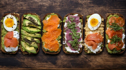 Variety of Open Sandwiches with Avocado, Eggs, and Smoked Salmon on Rye Bread
