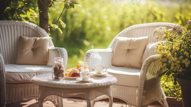 beige color wicker table and settee on a porch. croissants and coffee served on the table. seamless looping overlay 4k virtual video animation background 