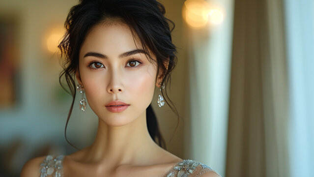 Asian Woman in Elegant Evening Gown at Luxurious Mansion