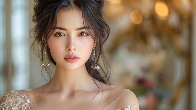Asian Woman in Elegant Evening Gown at Luxurious Mansion