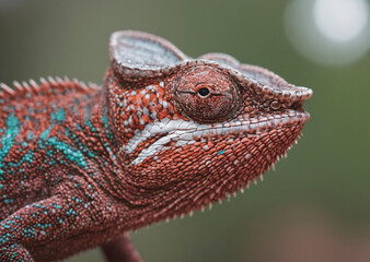 Colorful chameleon lizard sitting on a wooden log or branch. The lizard has a unique pattern with green, yellow, and orange colors, making it a striking and eye-catching subject.