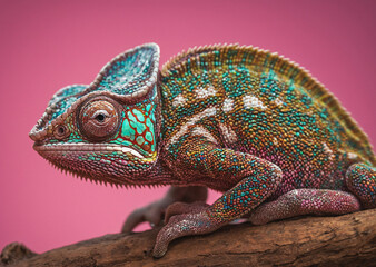 Colorful chameleon lizard sitting on a wooden log or branch. The lizard has a unique pattern with...