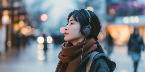 Japanese woman, earphones and walk in street with listening, music and streaming subscription in...
