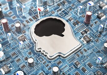 Digital brain. Electronic print board with computer chip in form of human head. 3d illustration
