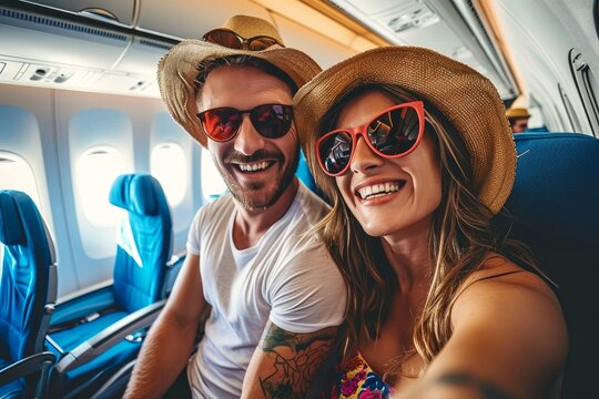Happy tourist taking selfie inside airplane - Cheerful couple on summer vacation - Passengers boarding on plane - Holidays and transportation concept, Generative AI