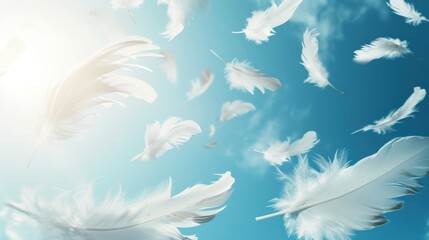 Abstract white Dove feathers falling in blue sky
