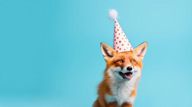 Funny fox with birthday party hat on blue background.