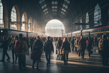 Group of People Walking Through a Train Station, Railway station full of people during the rush hour, AI Generated