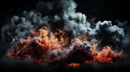 Dark Grey Explosion Smoke with Exploding Fire Dust isolated on black background. Explode effect overlay 