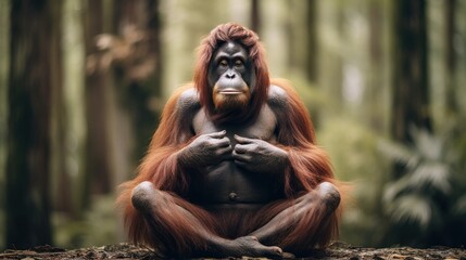 Fototapeta na wymiar Orangutan sitting and meditating.