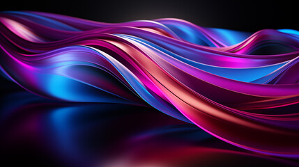 Futuristic vivid neon swirl lines abstract dynamic background.  blue purple light effects flowing curves and waves abstraction with Blurred light on Floor reflection. 