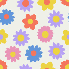 Fototapeta na wymiar Floral trendy vector seamless pattern . Vintage 70s style flower background illustration. Y2k colorful pastel color groovy artwork bundle, spring backgrounds with flower