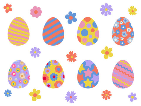 Trendy groovy color Easter Eggs and flower. Set of vector illustrations in pastel color style. Colored Easter eggs. Set of easter eggs flat design on transparent background.