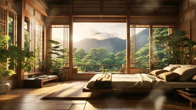 The bedroom atmosphere of a traditional house with a beautiful view of the tropical forest. Illustration style of cartoon or anime painting. Seamless looping 4K time-lapse video animation backgrounds.