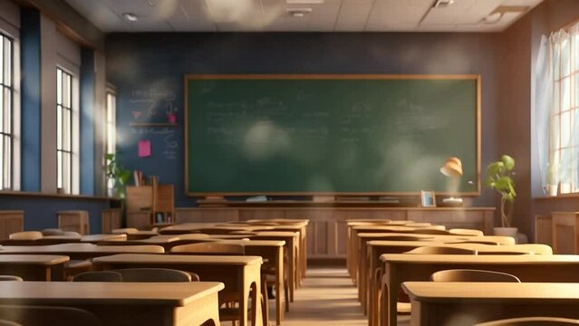 empty classroom with big green chalkboard, tables and chairs. Back to School Cartoon or Japanese anime style. seamless looping 4K virtual video animation background